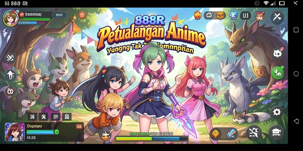 Screenshot gameplay 888R menampilkan karakter Anime dalam pertempuran seru.