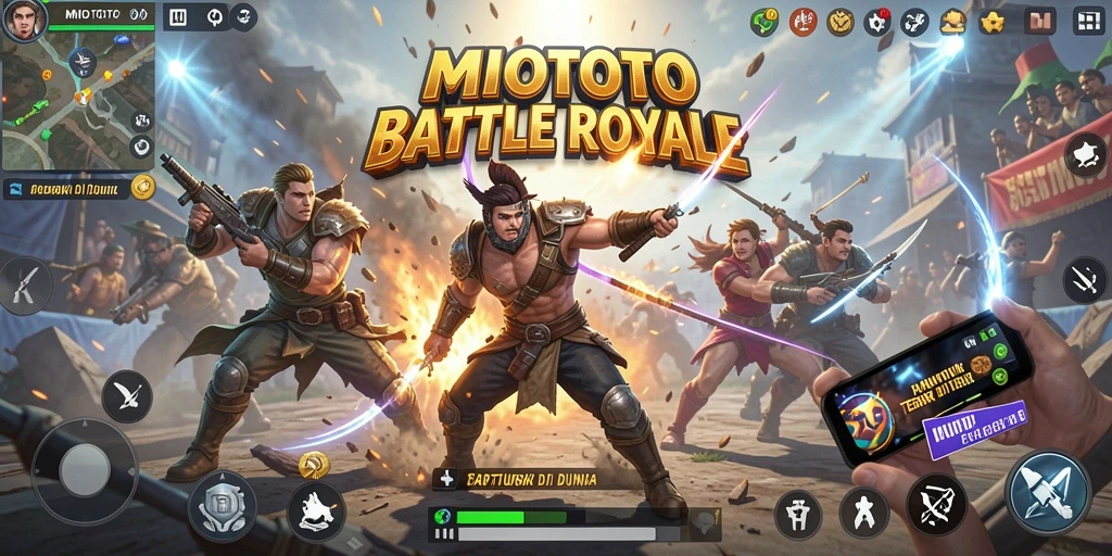 Tampilan aksi seru dalam gameplay MIOTOTO di arena Battle Royale.