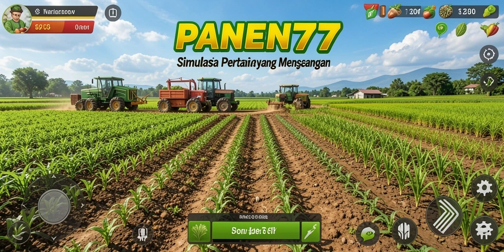 Tampilan gameplay menarik dari PANEN77 yang menggambarkan simulasi pertanian.